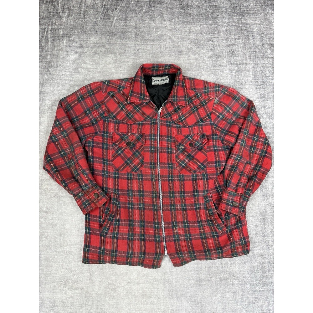 Van Heusen Jacket Mens Large Red Royal Stewart Plaid Vtg 70s 80s‎ Lightweight